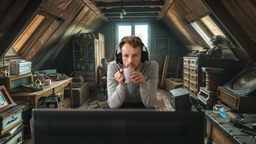 adult sitting in front of tv in messy room