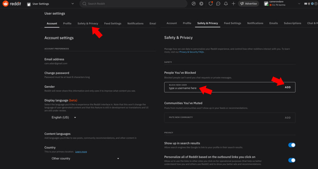 block someone reddit user settings