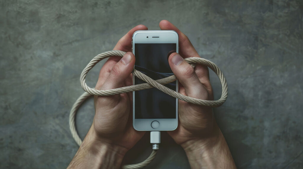 hands tied to a smartphone