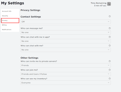 Roblox parental controls and privacy settings