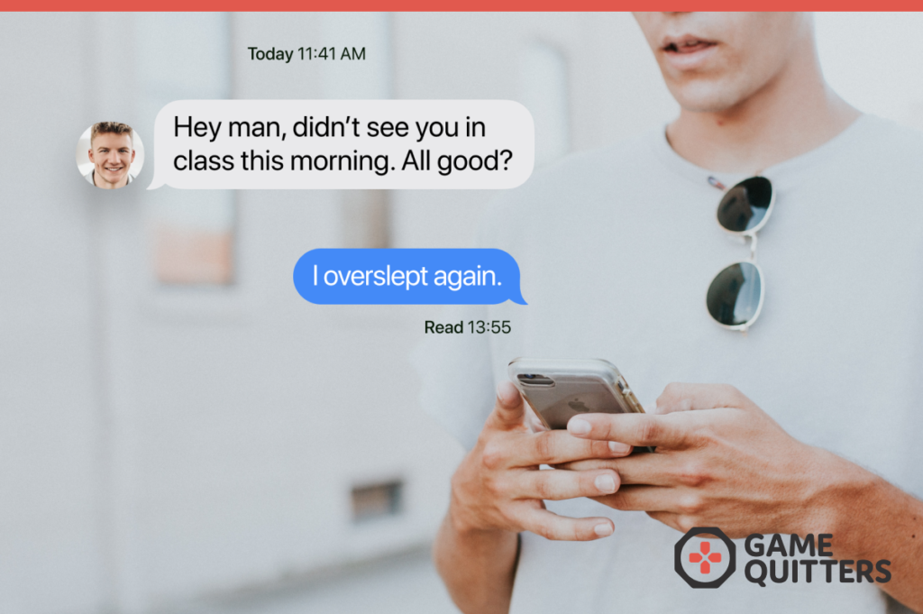 man texting a friend at college about not going to class
