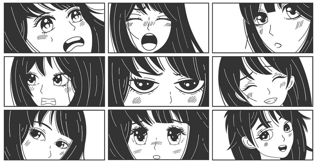 Anime manga expressions eyes set boy and girl. Japanese cartoon